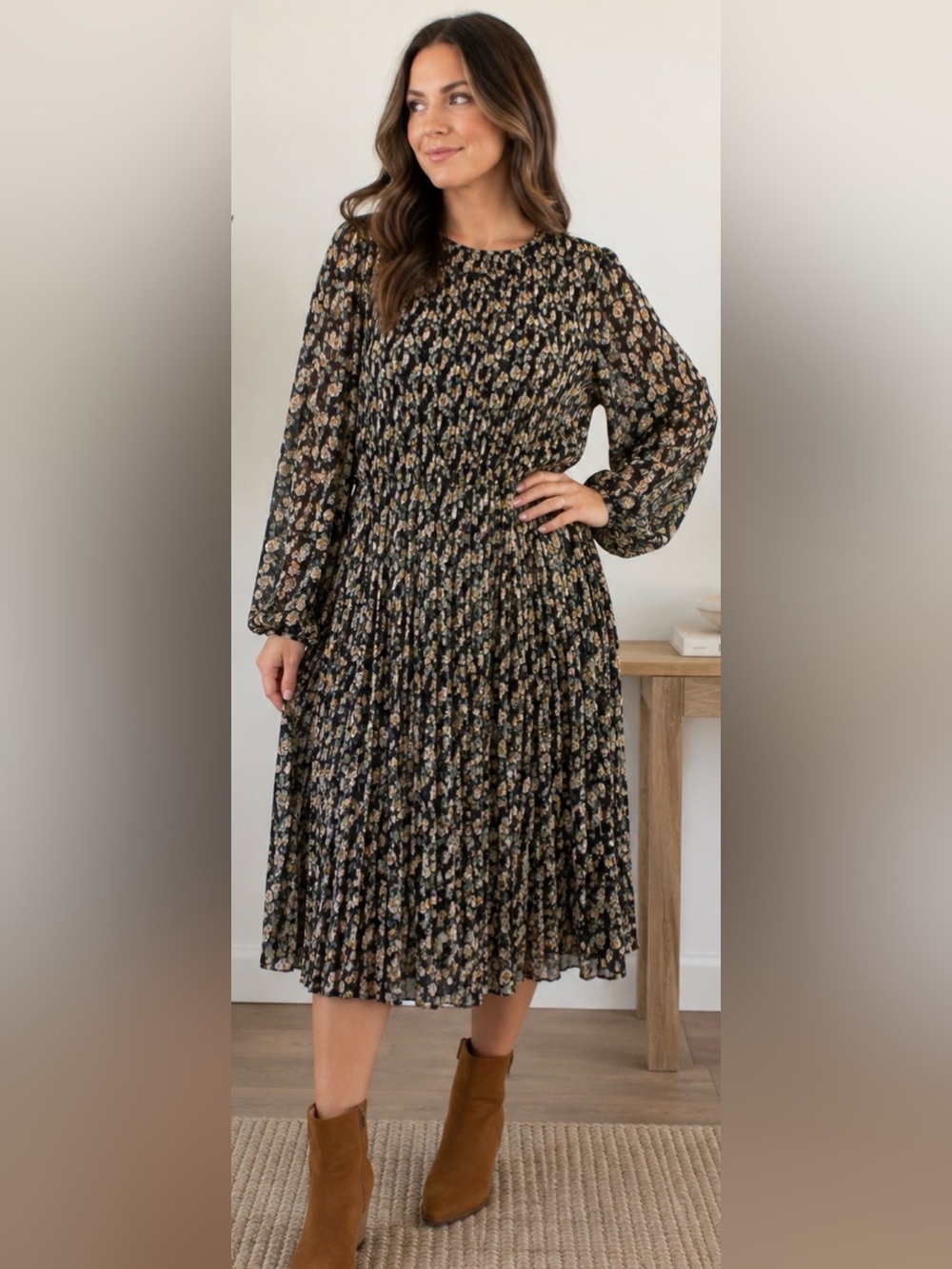 Sam Edelman Floral Pleated Midi Dress Green Long Sleeve Boho Cottagecore Size 8